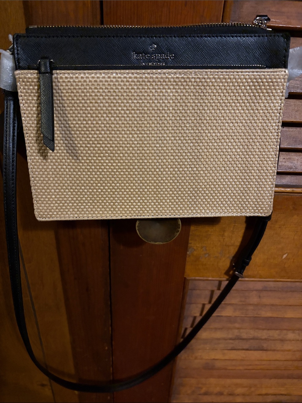 New new worn kate spade Black and Cream Woven Crossbody Bag